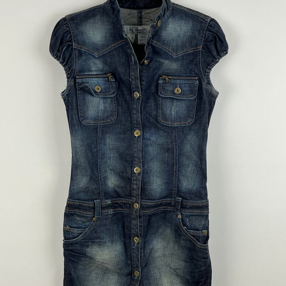 Zara TRF Denim Shirt Dress Size L Blue Short Cap Sleeve Button Up Pockets